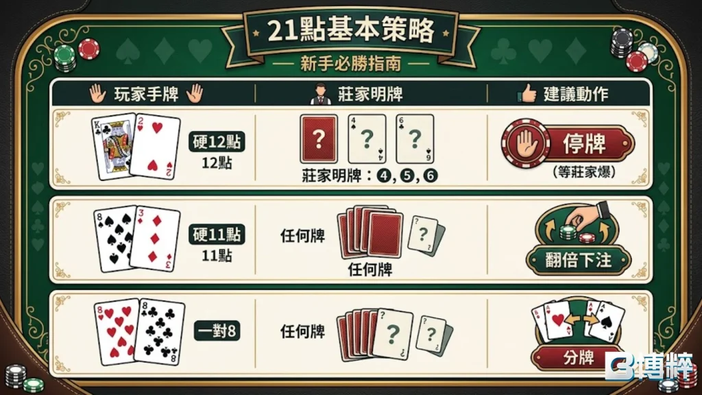 21點基本策略操作表，包含21點加倍投降、要牌與停牌建議。