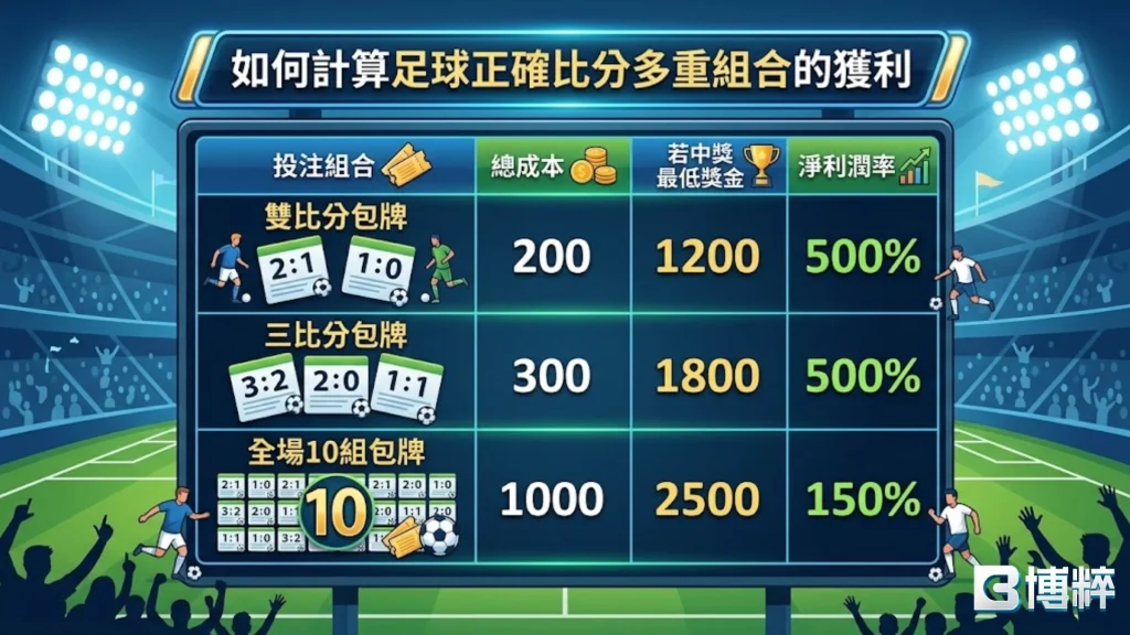 足球波膽賠率計算方法教學，包含波膽串關與多重組合的獲利估計。