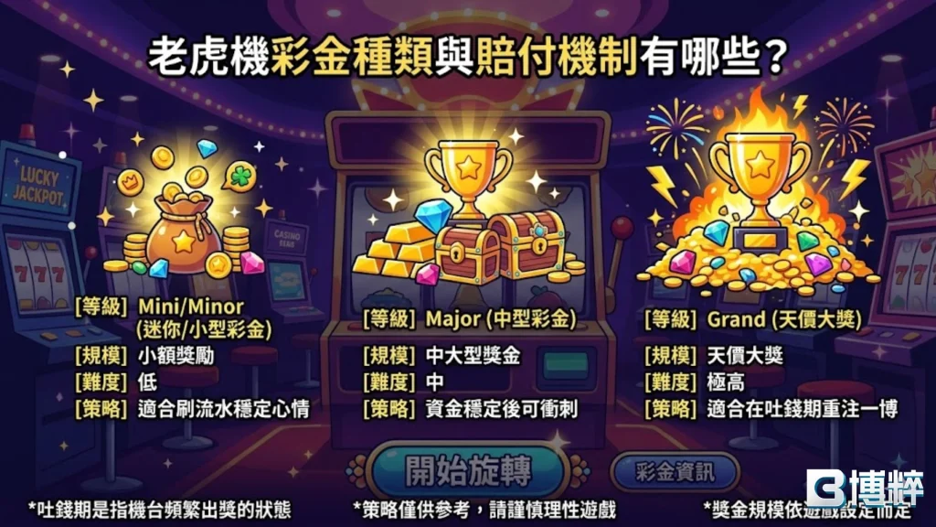 老虎機彩金種類詳解，包含老虎機累積彩池、Mini、Major 與 老虎機 Grand 獎金機制。