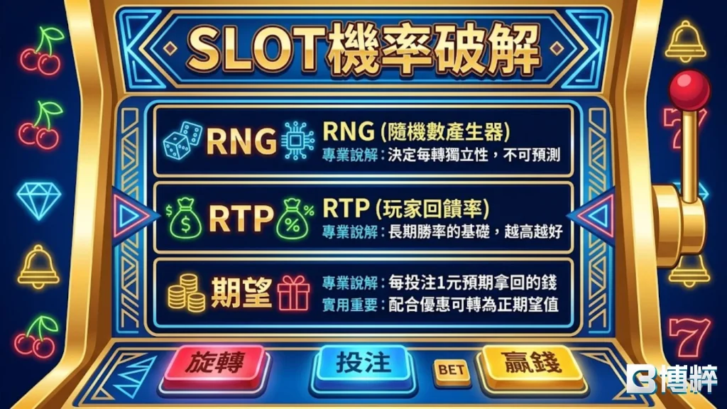 SLOT機率破解核心原理：RNG隨機數、RTP玩家回饋率與期望值解析。