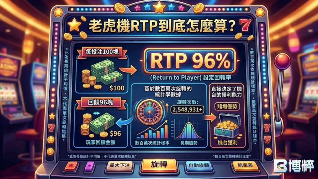 老虎機RTP計算方式，包含老虎機機率與老虎機波動率對比。