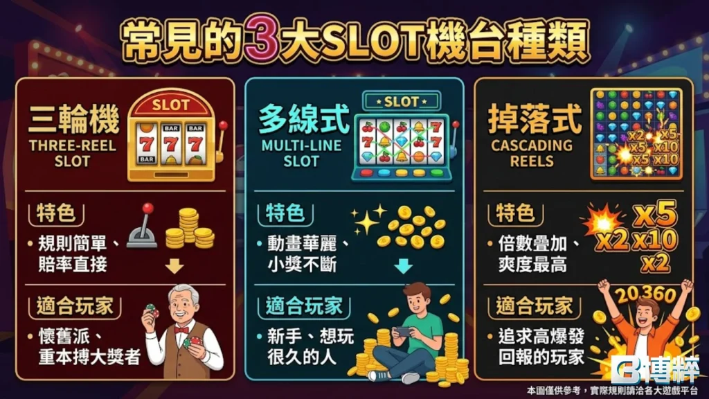 常見的三大 SLOT 機台種類：三輪機、多線式與掉落式解析。
