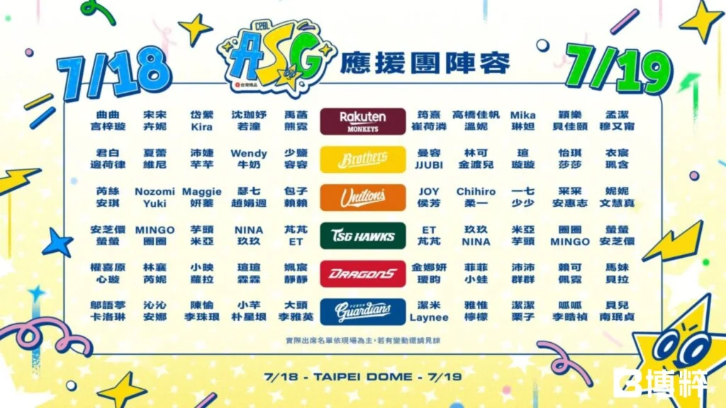 2026中職明星賽啦啦隊女孩出席時程表,橫向對比7月18日與7月19日六隊女孩名單,包含韓籍女神李珠珢與邊荷律。