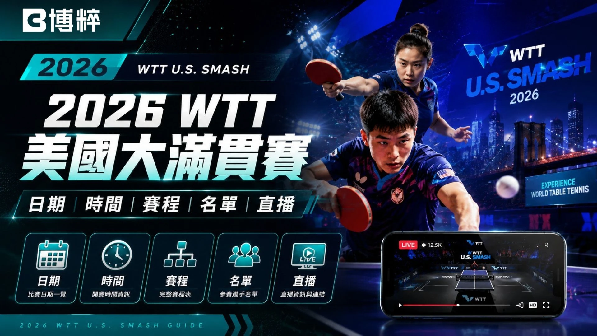 2026WTT美國大滿貫賽特輯封面，展示王楚欽與孫穎莎揮拍擊球的激情畫面，下方羅列日期、地點、賽程、名單、直播等五大導航欄目。