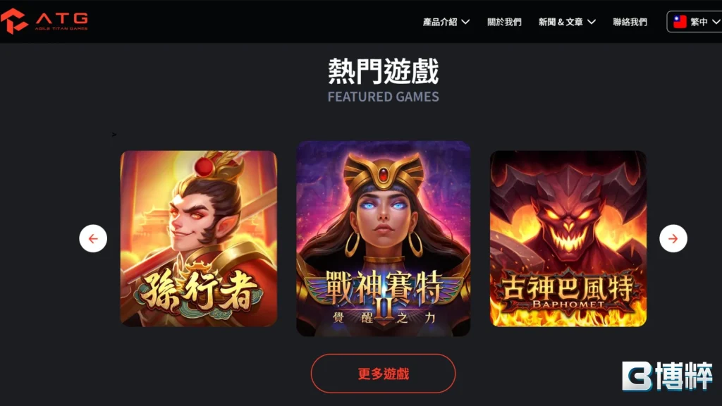 ATG電子熱門遊戲選單大廳，橫向展示美猴王、ATG戰神賽特與ATG古神巴風特等當紅老虎機圖標。