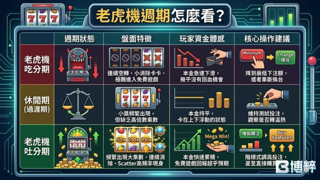 老虎機週期怎麼看三階段特徵矩陣表，橫向解析吃分期、休閒期（過渡期）與吐分期的機台數據與操作建議。