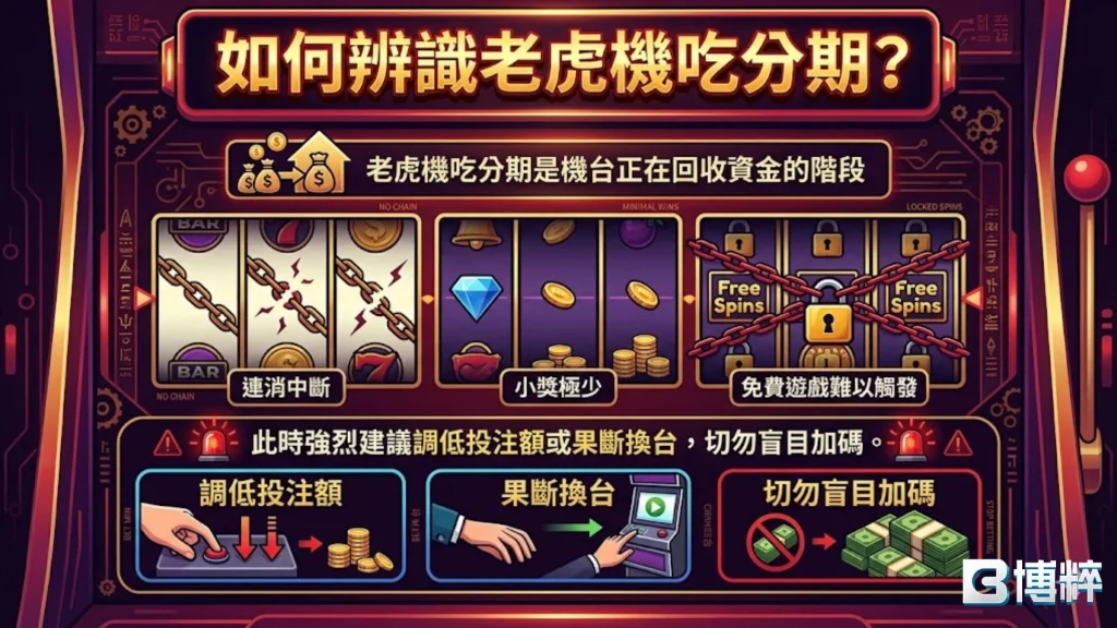 如何辨識老虎機吃分期防護圖解，包含空轉頻率高、小獎極度縮水與規避深咬的降注停損警示。