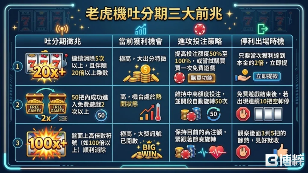 老虎機吐分期三大前兆數據表，解析高頻率觸發免費遊戲、乘數符號大爆發與資金曲線逆勢飆升指標。