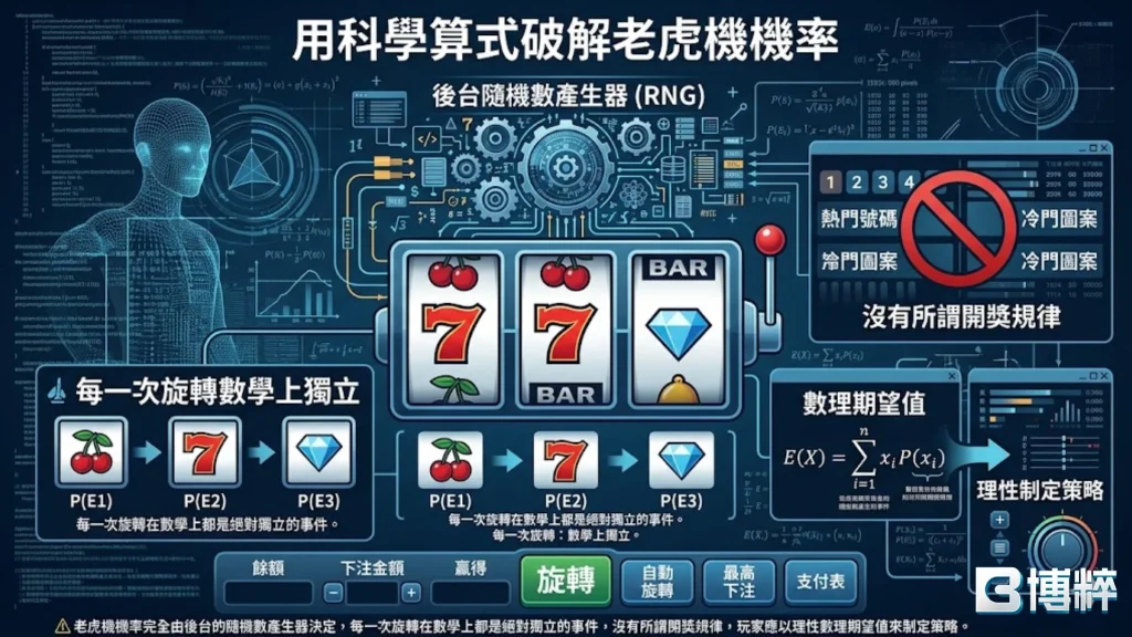 用科學算式破解老虎機機率原理圖，展示RNG隨機數產生器獨立運作與排除場外操控的程式邏輯。