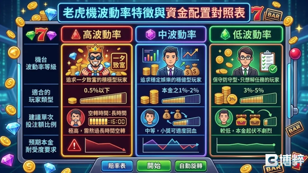 老虎機波動率特徵與資金配置對照表，量化解析高波動、中波動、低波動的開獎頻率與老虎機爆分機率。