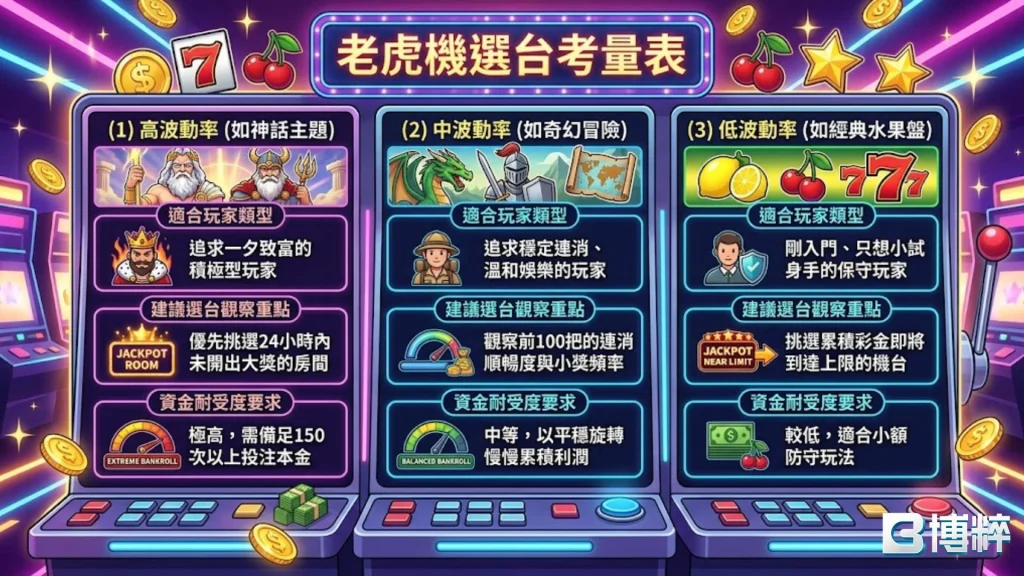 線上老虎機選台考量表，拆解燈號狀態、累積未開獎期數與即時回報率等三大核心篩選指標。