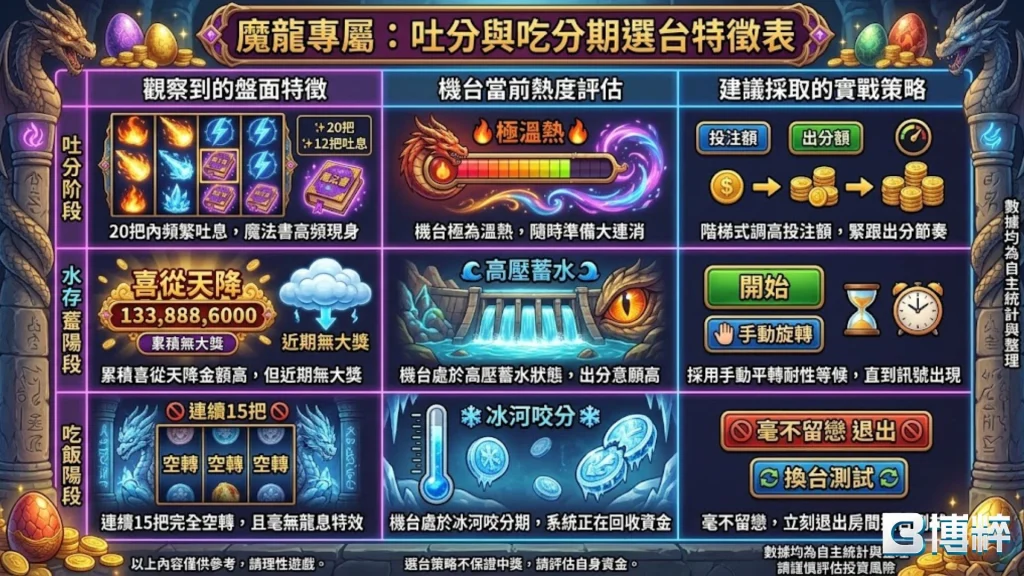 魔龍傳奇選台與吐分吃分期判別特徵圖，包含冰火龍眼睛燈號、喜洋洋特效頻率與乘數增長數據。