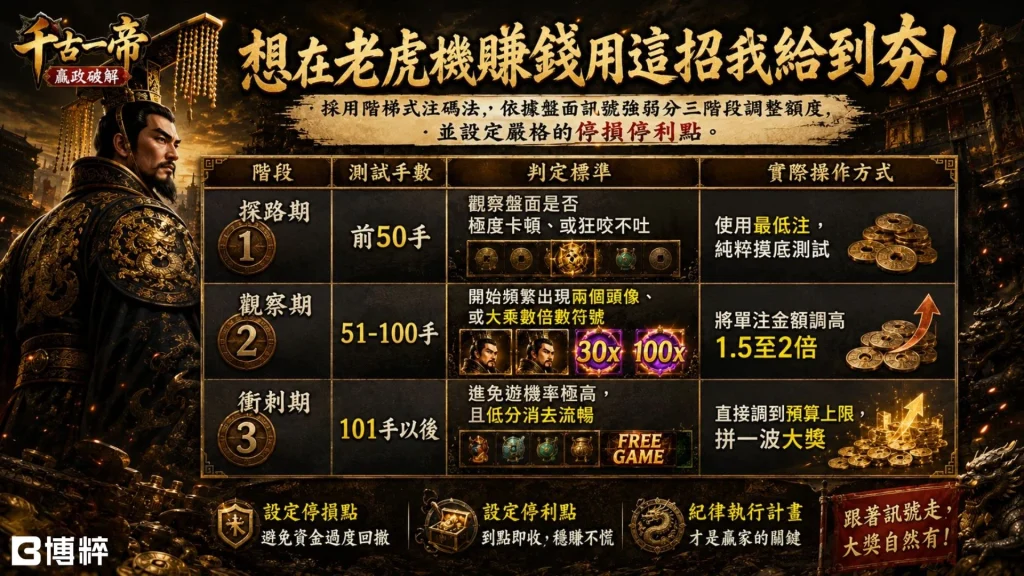 千古一帝嬴政技巧分階段下注流程，從博粹娛樂城低倍數試探到老虎機爆分收網。