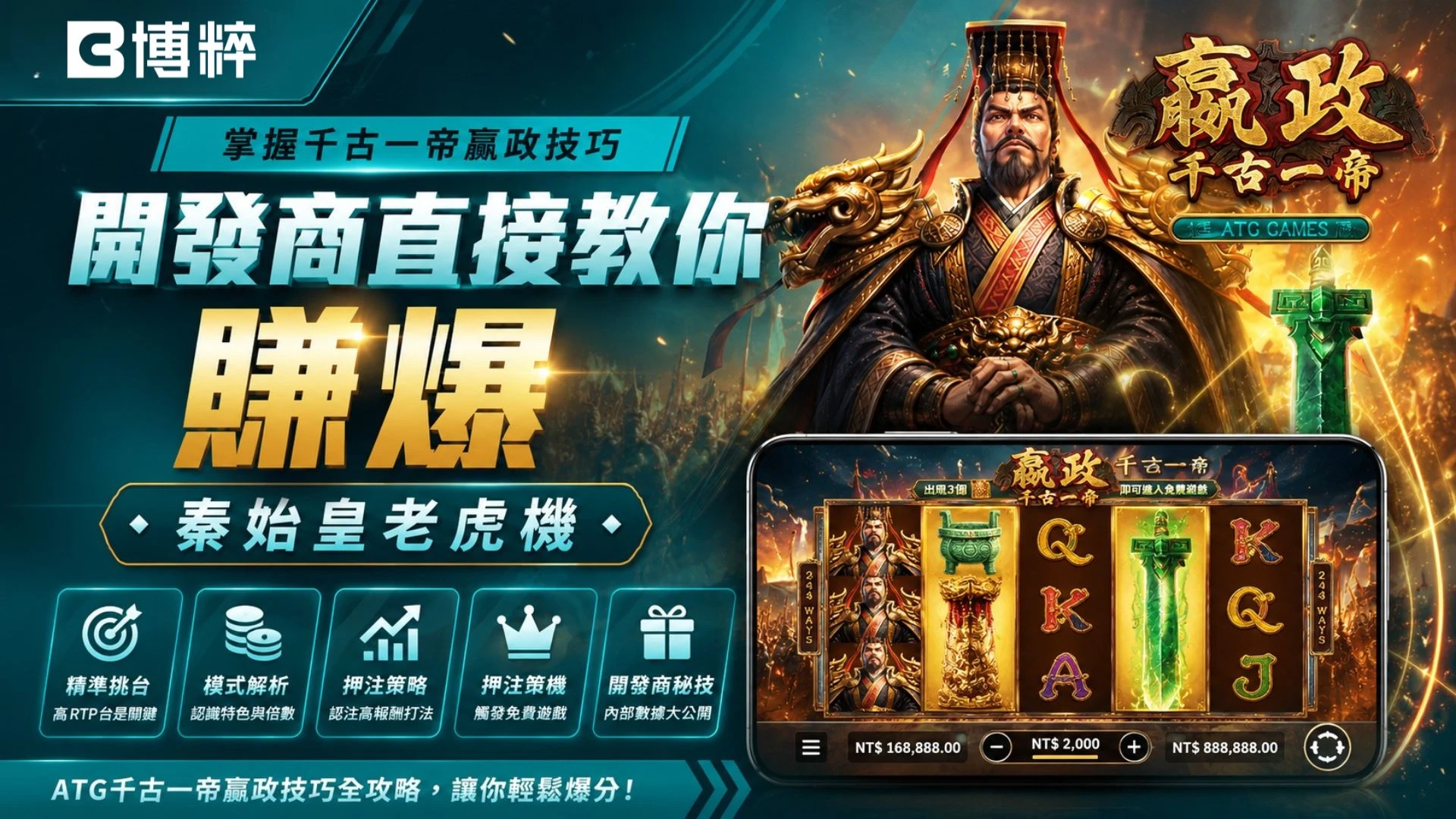 最新老虎機千古一帝嬴政遊戲封面，左側標註周圍驚喜短發綠贏爆，右側展示秦始皇畫像與實機消除滾輪。